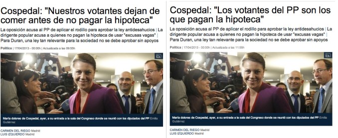 Capturas de La Vanguardia con la noticia de Cospedal. 